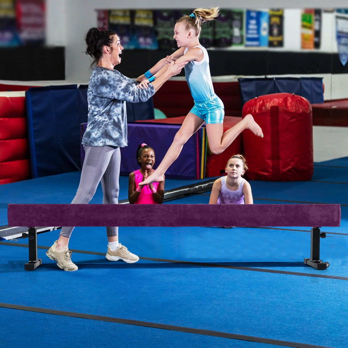 Viga de equilibrio de gimnasia alta y baja de 2,28 metros con 3 alturas - Morado