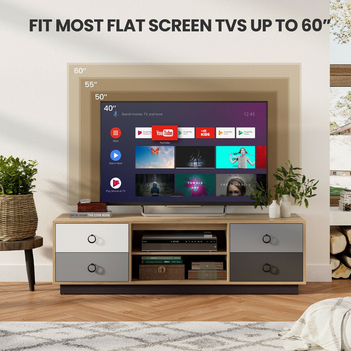 Mueble Moderno para TV de 55 Pulgadas con 2 Armarios de Almacenamiento para Televisores de hasta 60 Pulgadas