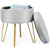 Taburete otomano redondo de terciopelo con almacenamiento, reposapiés, silla de tocador con patas de metal