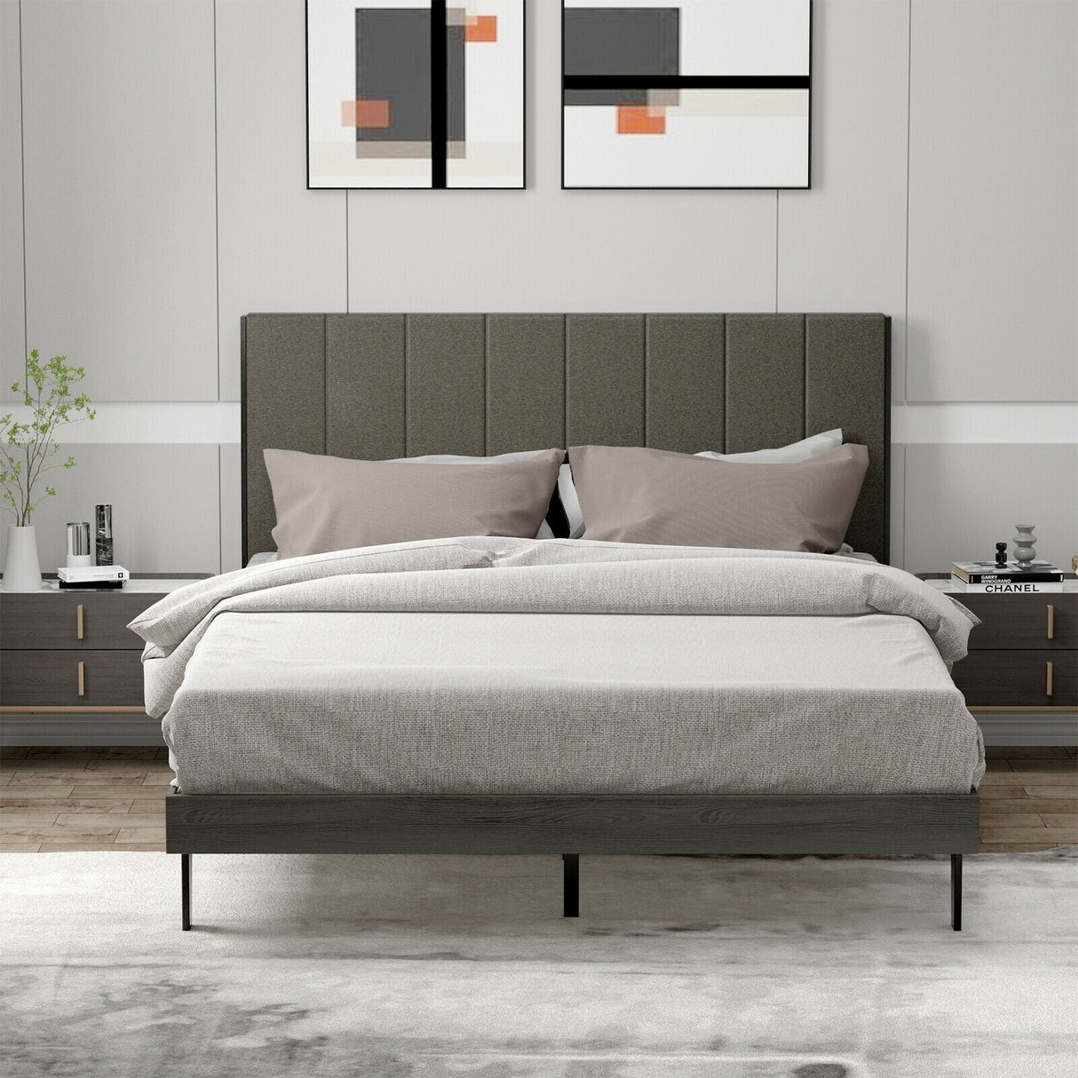 Base de cama tapizada Queen con cabecero capitoné