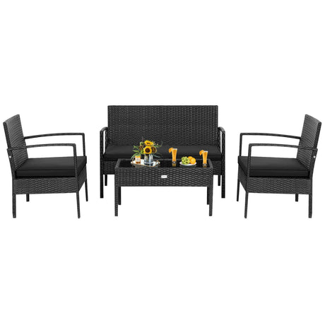 Juego de muebles de patio de ratán de 4 piezas con cojines