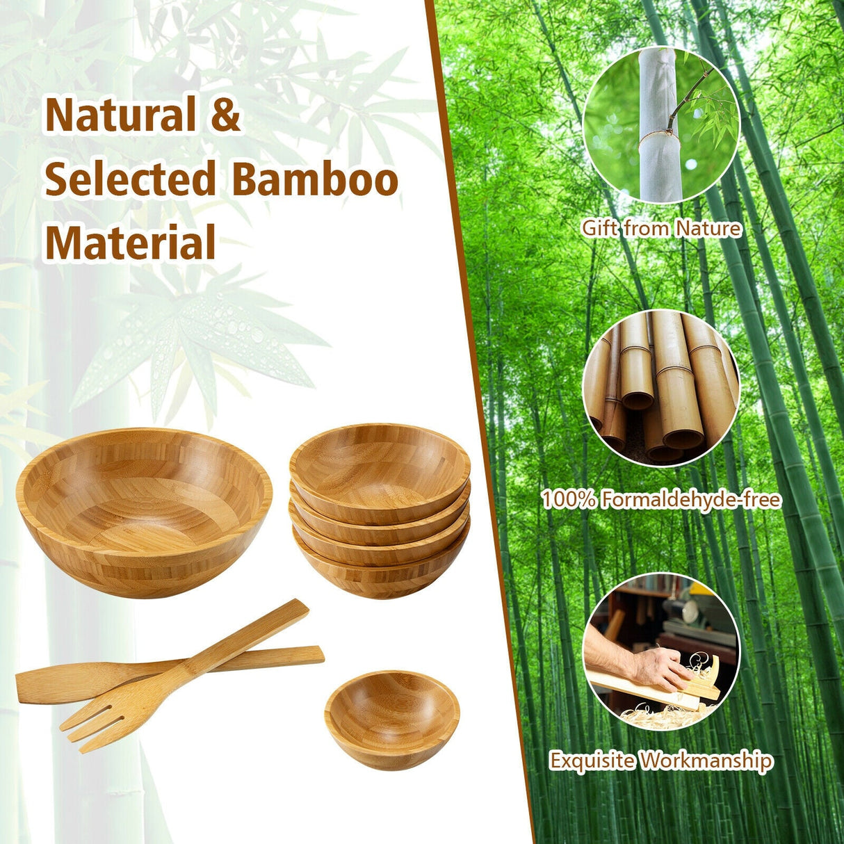 Juego de ensaladera de bambú de 8 piezas con utensilios de servicio - Natural