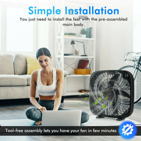 Ventilador de Piso Portátil de Caja de 20 Pulgadas con 3 Niveles de Velocidad y Control de Perilla - Negro
