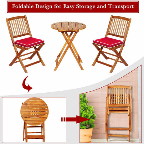 Juego de bistró plegable para patio de 3 piezas con cojín acolchado y mesa de centro redonda - Rojo