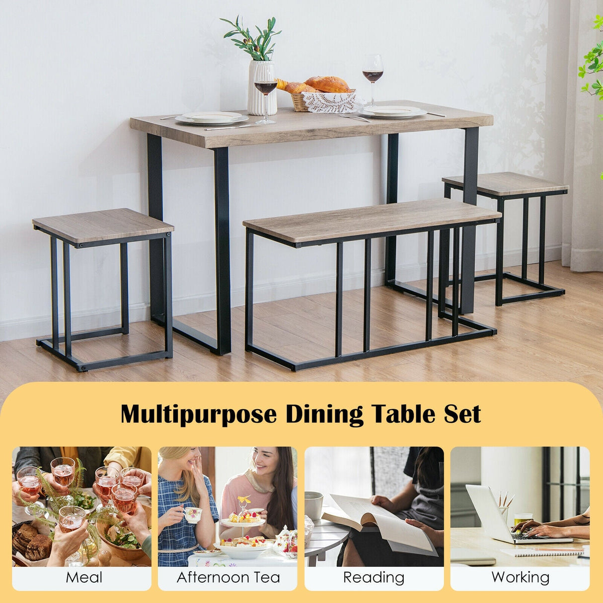 Juego de comedor industrial de 4 piezas con banco y 2 taburetes - Roble