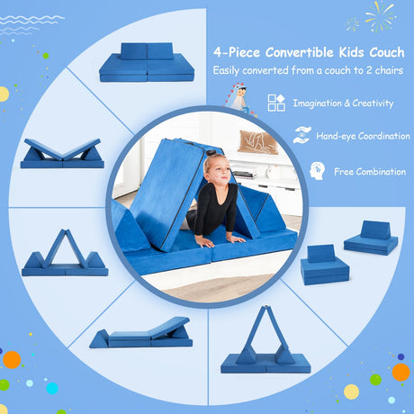 4 Pieces Convertible Kids Couch Set with 2 Folding Mats-Yellow