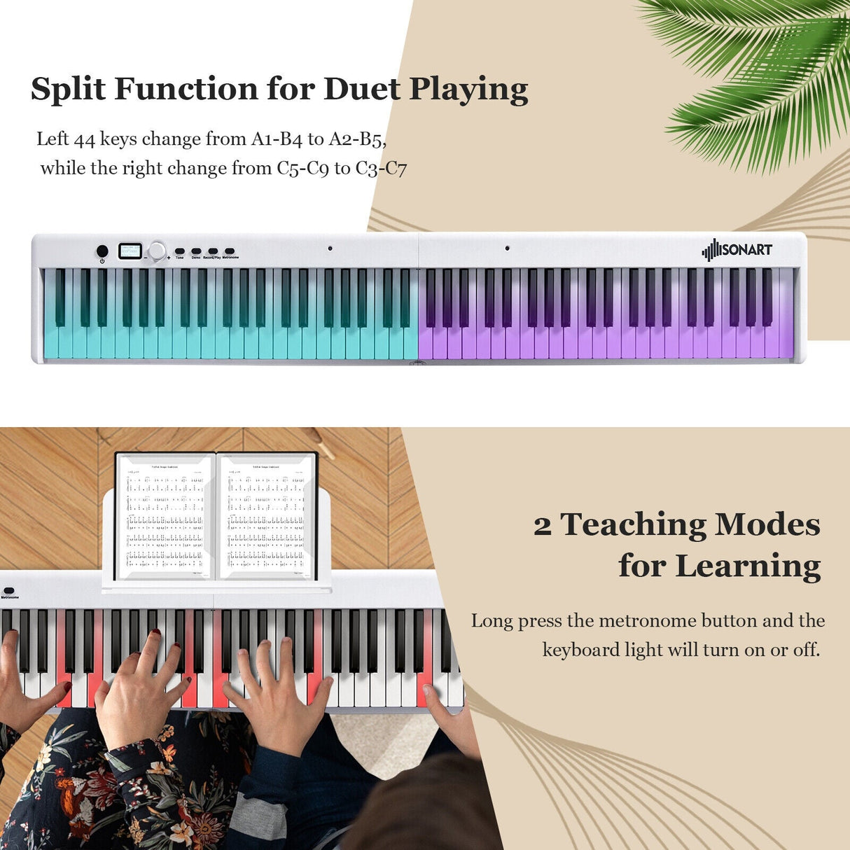 Piano eléctrico plegable de 88 teclas con luces, teclado portátil de tamaño completo MIDI