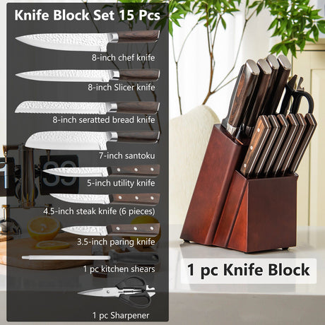Juego de cuchillos de acero inoxidable de 15 piezas con mango ergonómico
