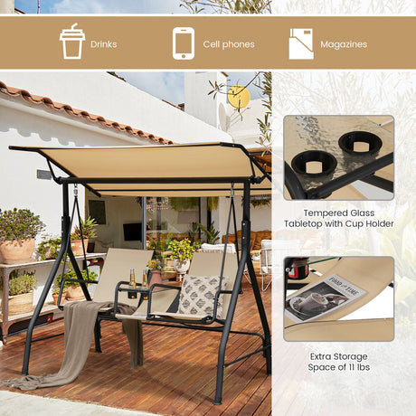 Columpio de Porche Acolchado de 2 Plazas con Toldo Ajustable y Mesa de Cristal Templado - Beige