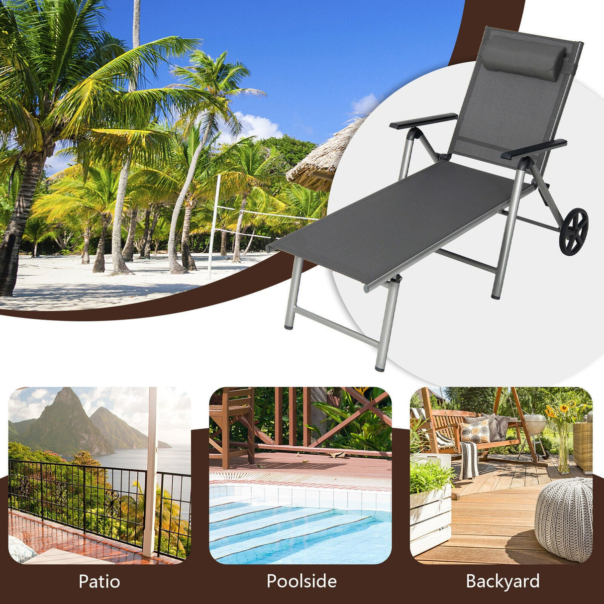 Tumbona plegable ajustable para patio con ruedas