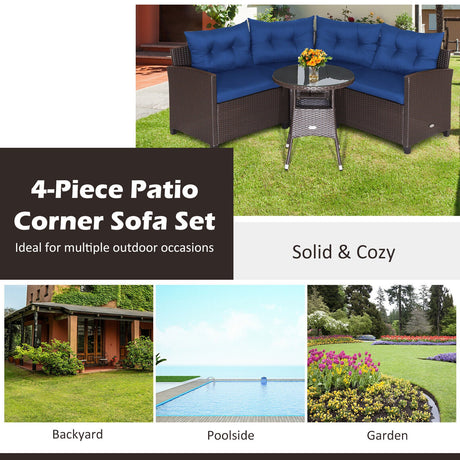 Juego de muebles de patio de ratán de 4 piezas con cojines para sofá y mesa de cristal