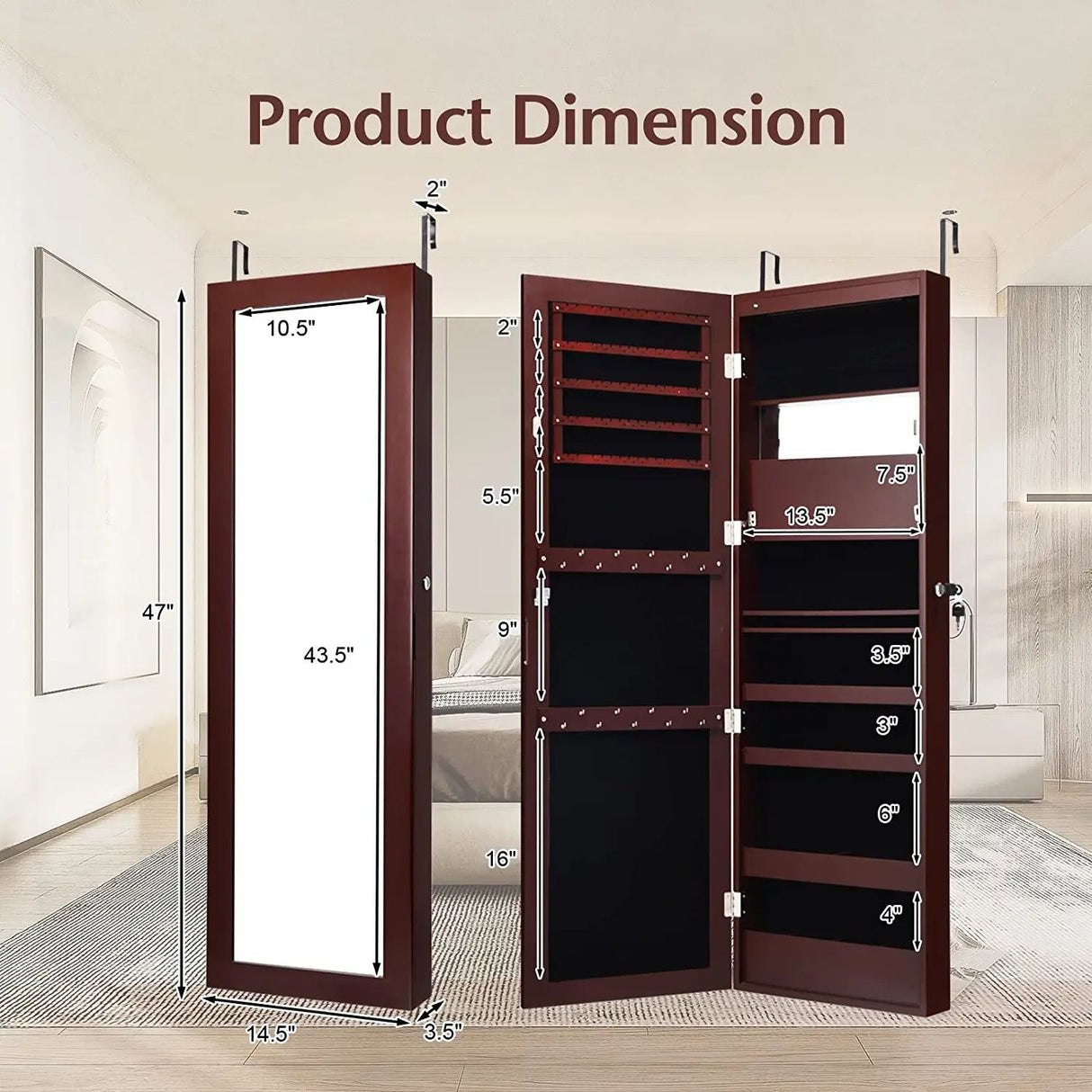 Joyero con espejo para puerta de pared con cerradura y luces LED