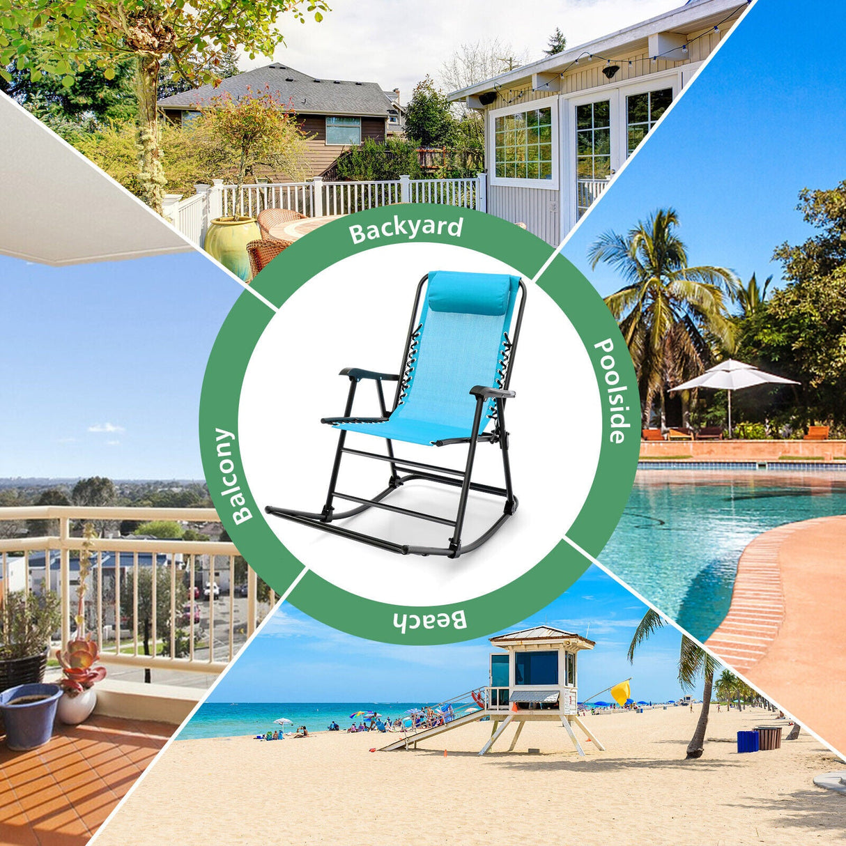 Sillón mecedora plegable liviano para exteriores con reposapiés
