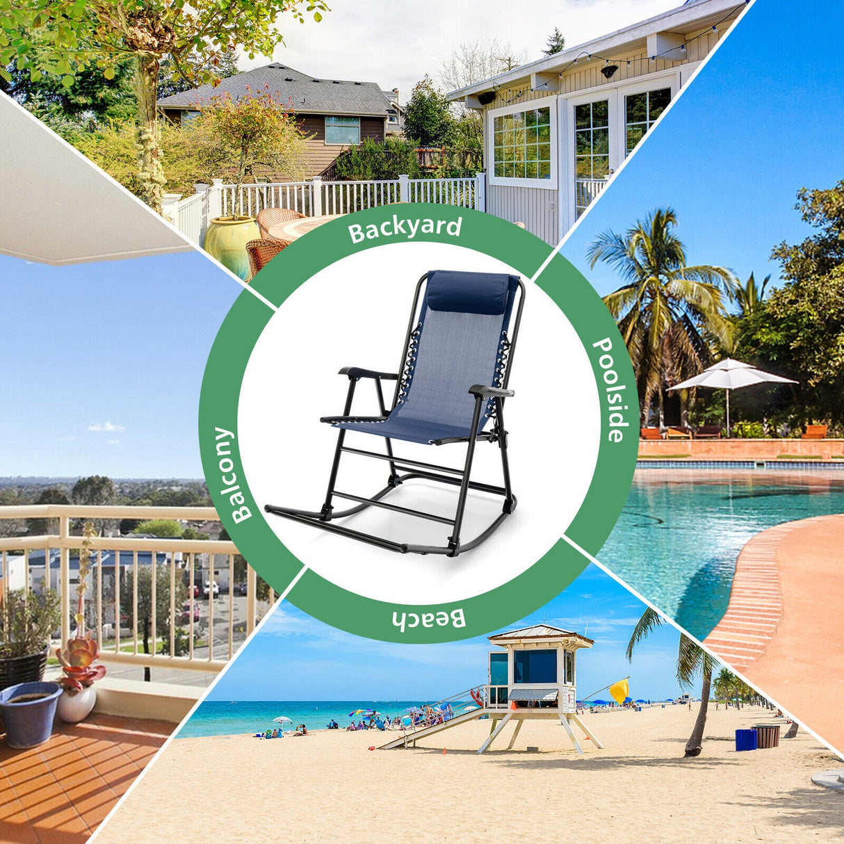 Sillón mecedora plegable liviano para exteriores con reposapiés