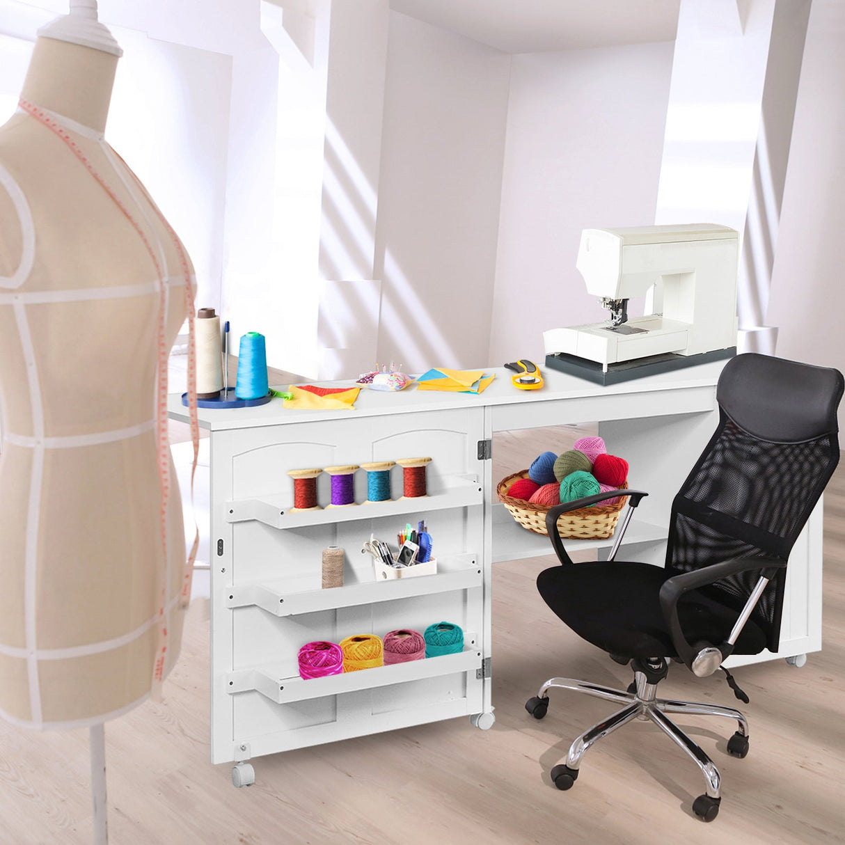 Mesa de costura plegable, estantes, mueble de almacenamiento, carrito artesanal con ruedas