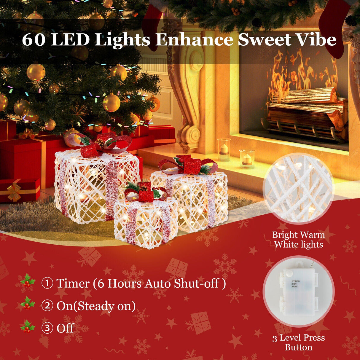 Set de 3 decoraciones de cajas de regalo navideñas iluminadas con lazos rojos