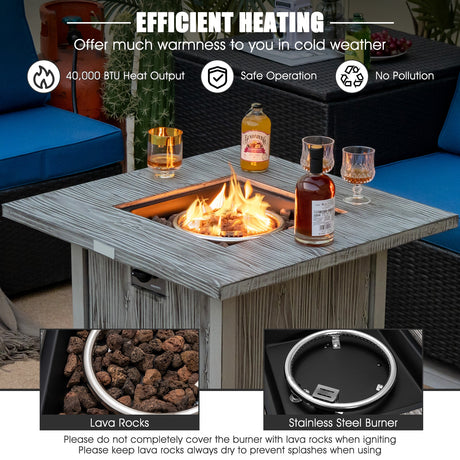 Mesa fogata cuadrada de 28 pulgadas y 40 000 BTU con tapa y rocas de lava-Gris