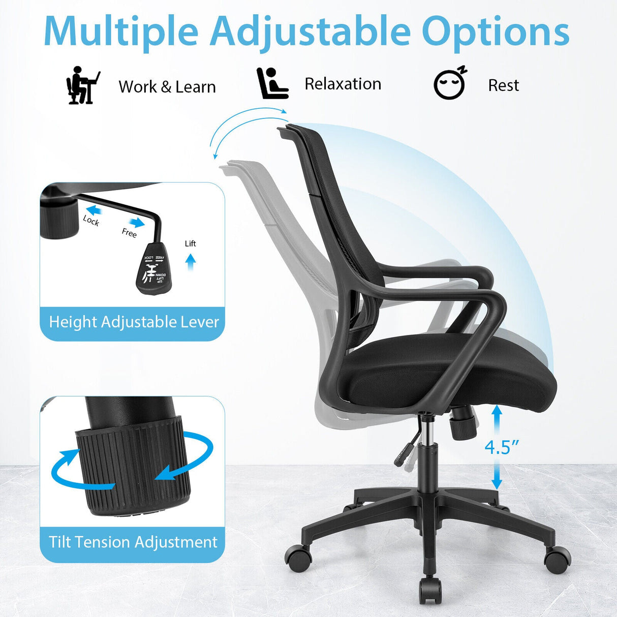Silla Moderna de Malla Transpirable con Respaldo Curvo y Reposabrazos - Negro