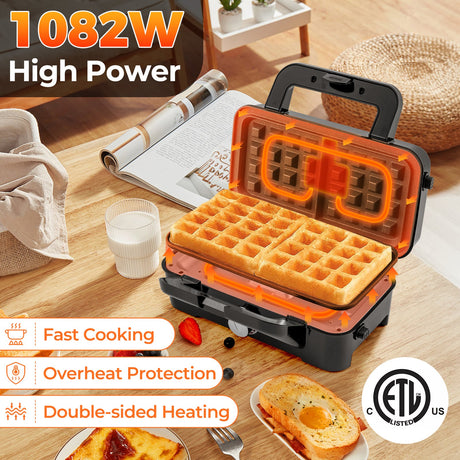 Sandwichera 3 en 1 de 1082 W con placas antiadherentes extraíbles - Negra