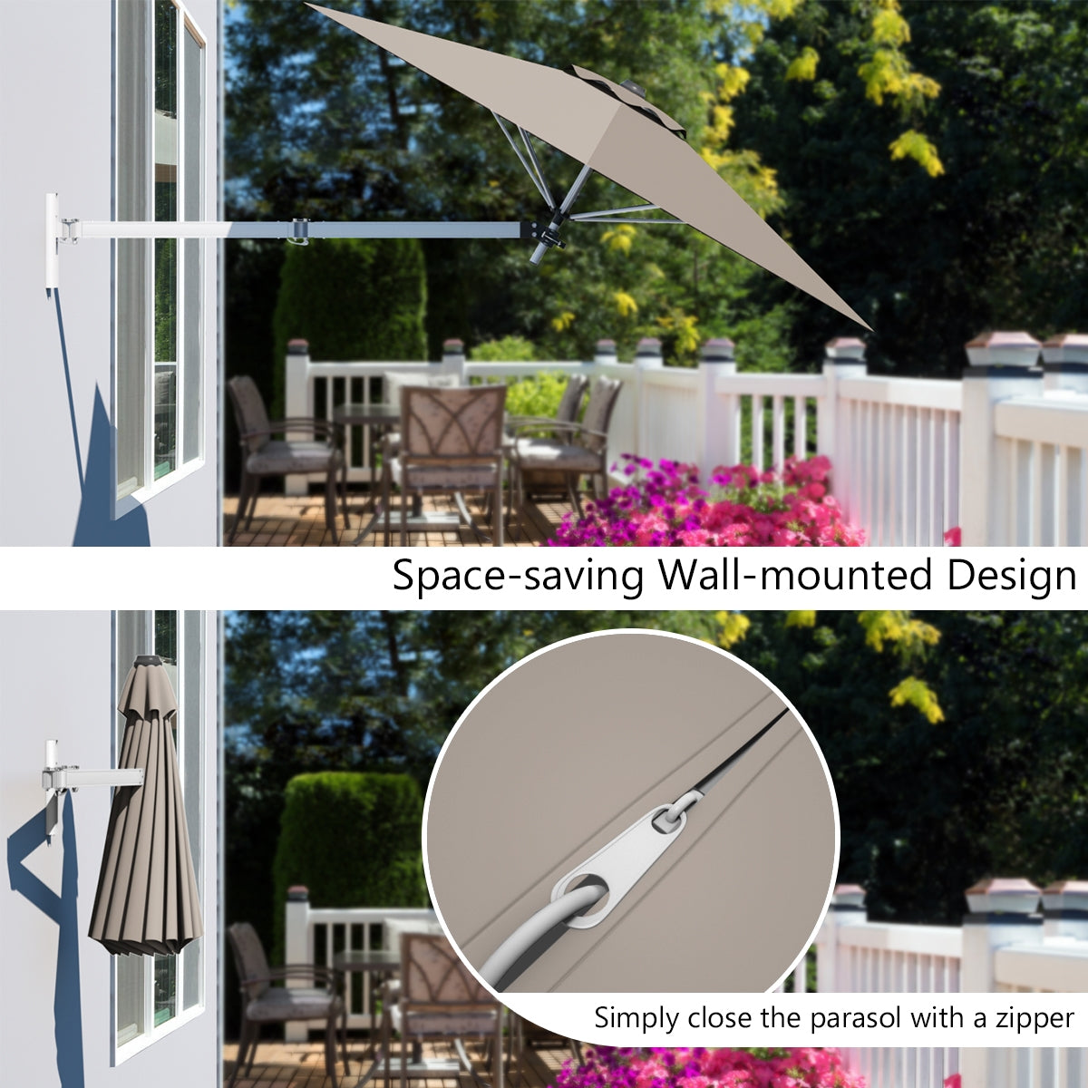Paraguas de parasol inclinable, telescópico y plegable, de 2,4 metros, para montar en la pared