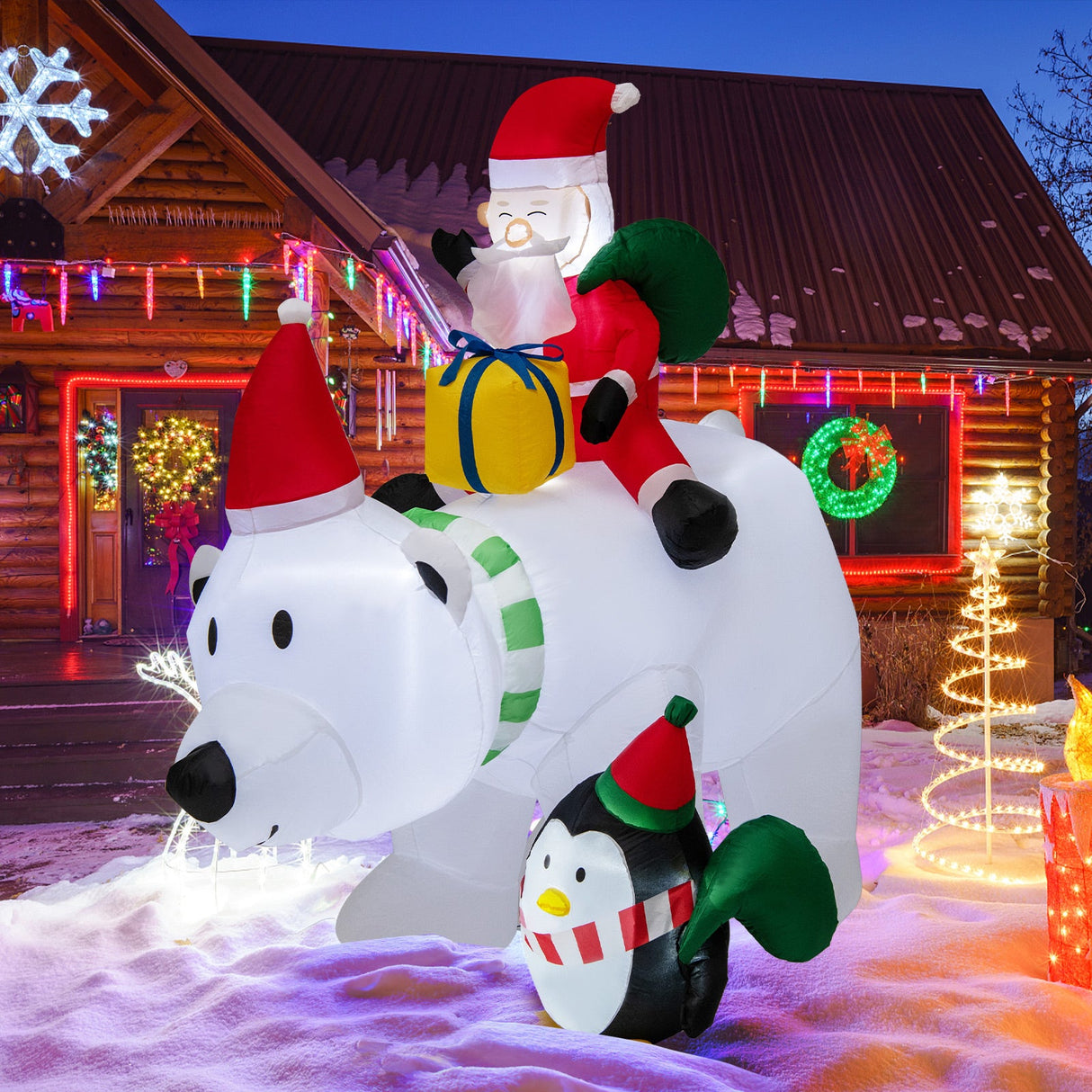 7 pies Papá Noel inflable montado en oso con bolsas de regalo de pingüinos y caja de regalo
