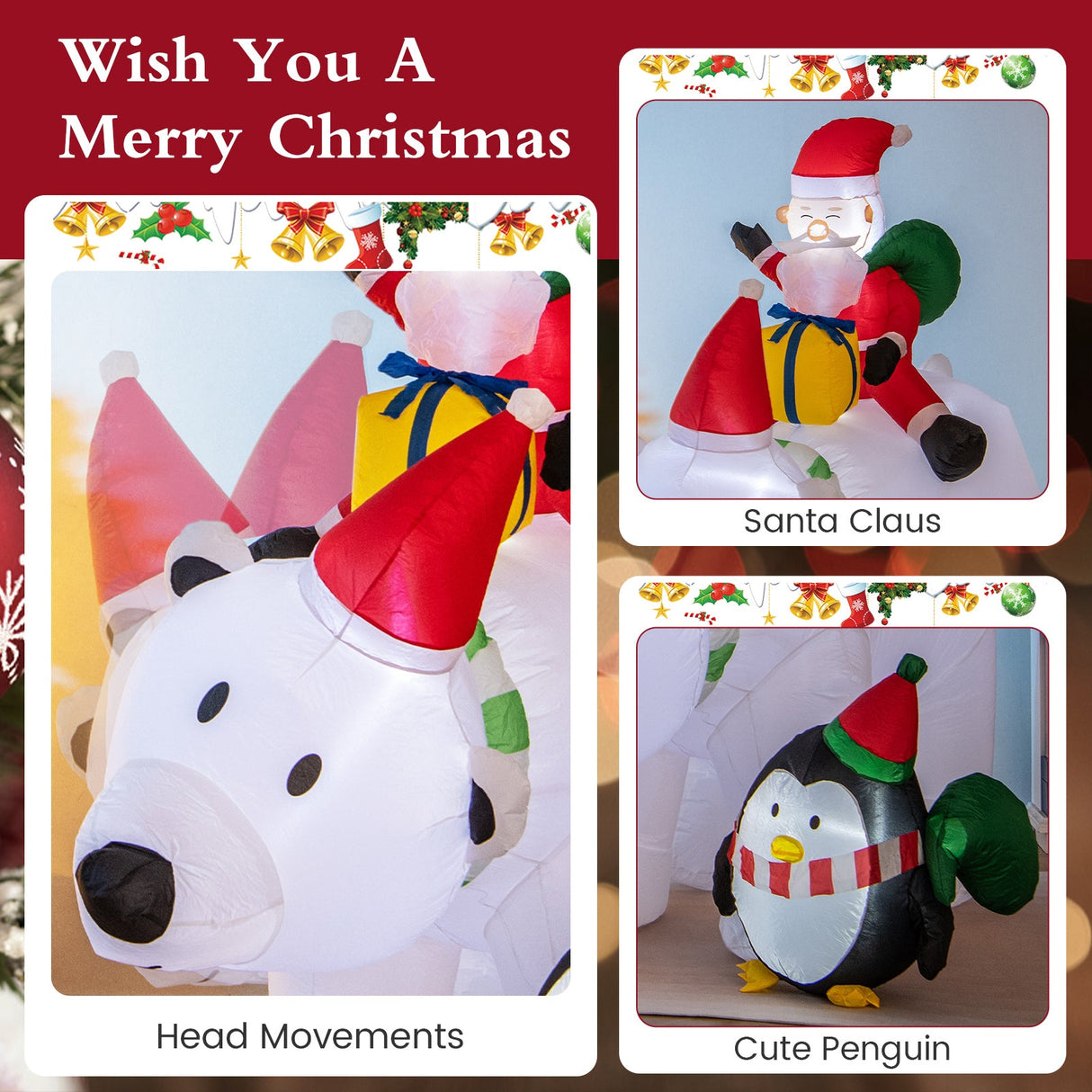 7 pies Papá Noel inflable montado en oso con bolsas de regalo de pingüinos y caja de regalo