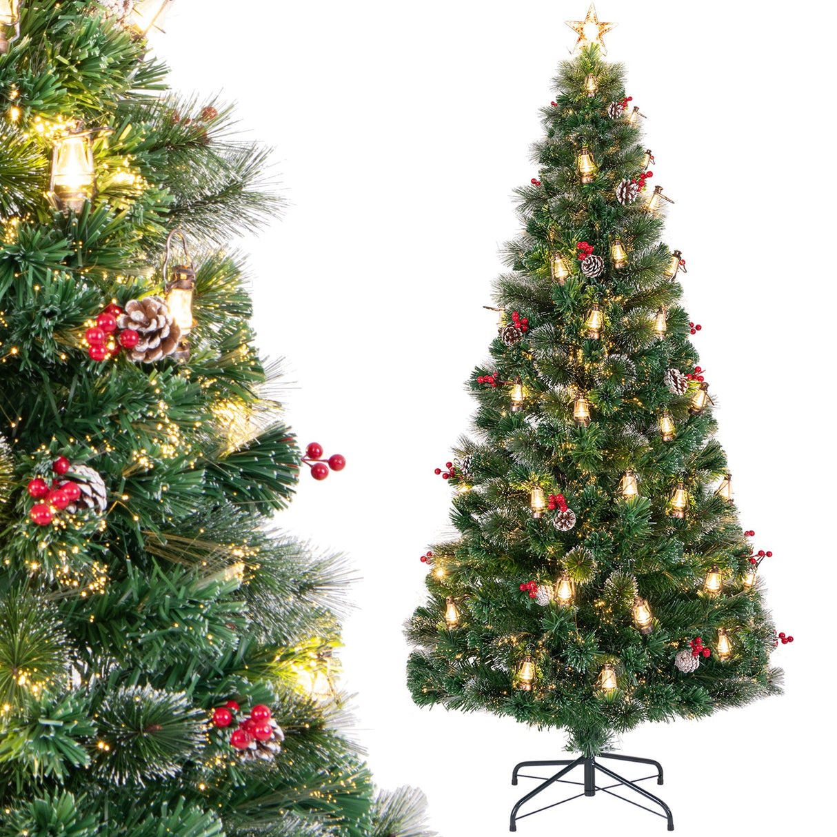 5/6/7 Feet Artificial Christmas Tree with Red Berries and Kerosene Lamps