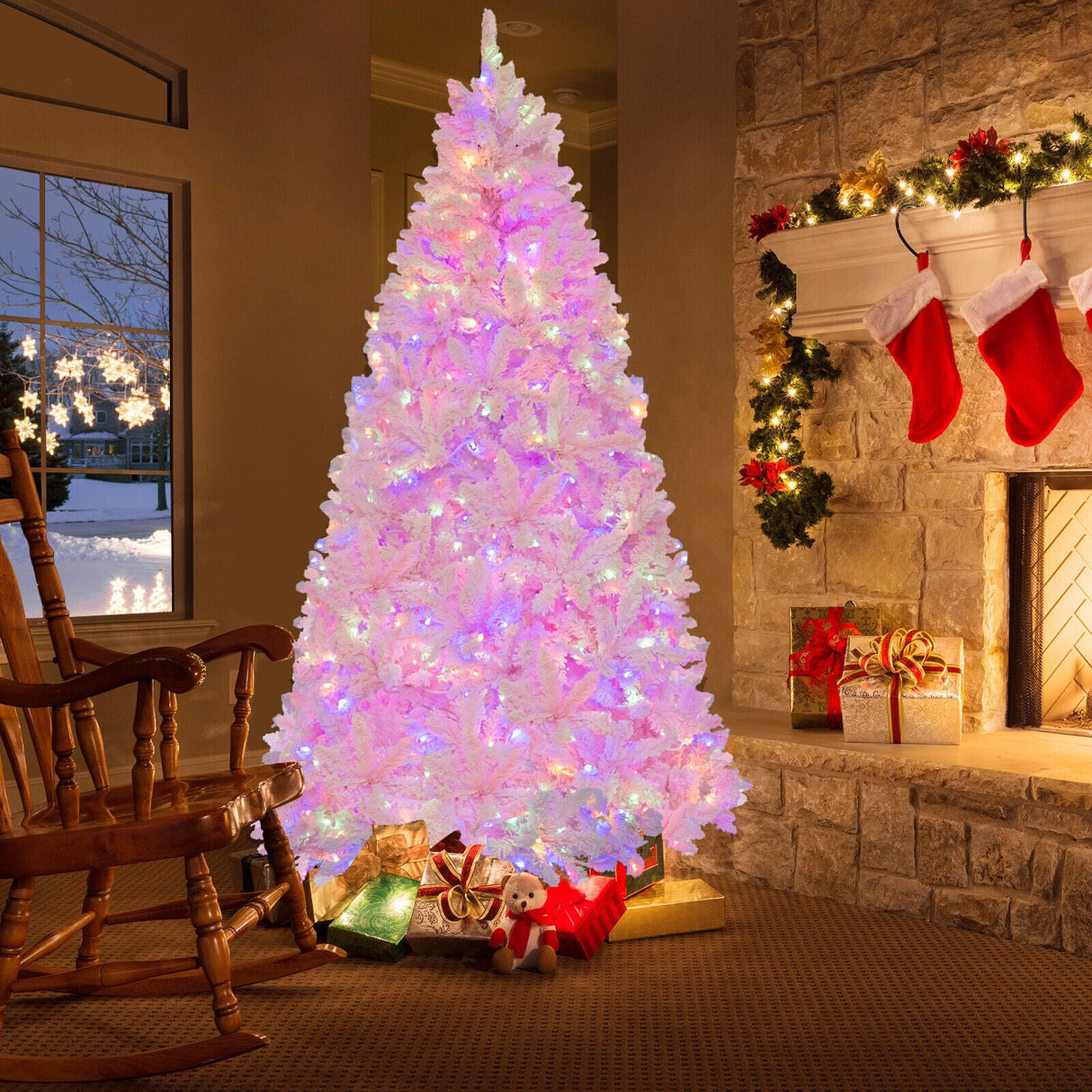 Árbol de Navidad artificial flocado de 2,13 m con 500 luces LED y 1200 ramas