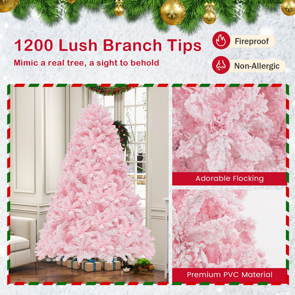 Árbol de Navidad artificial flocado de 2,13 m con 500 luces LED y 1200 ramas