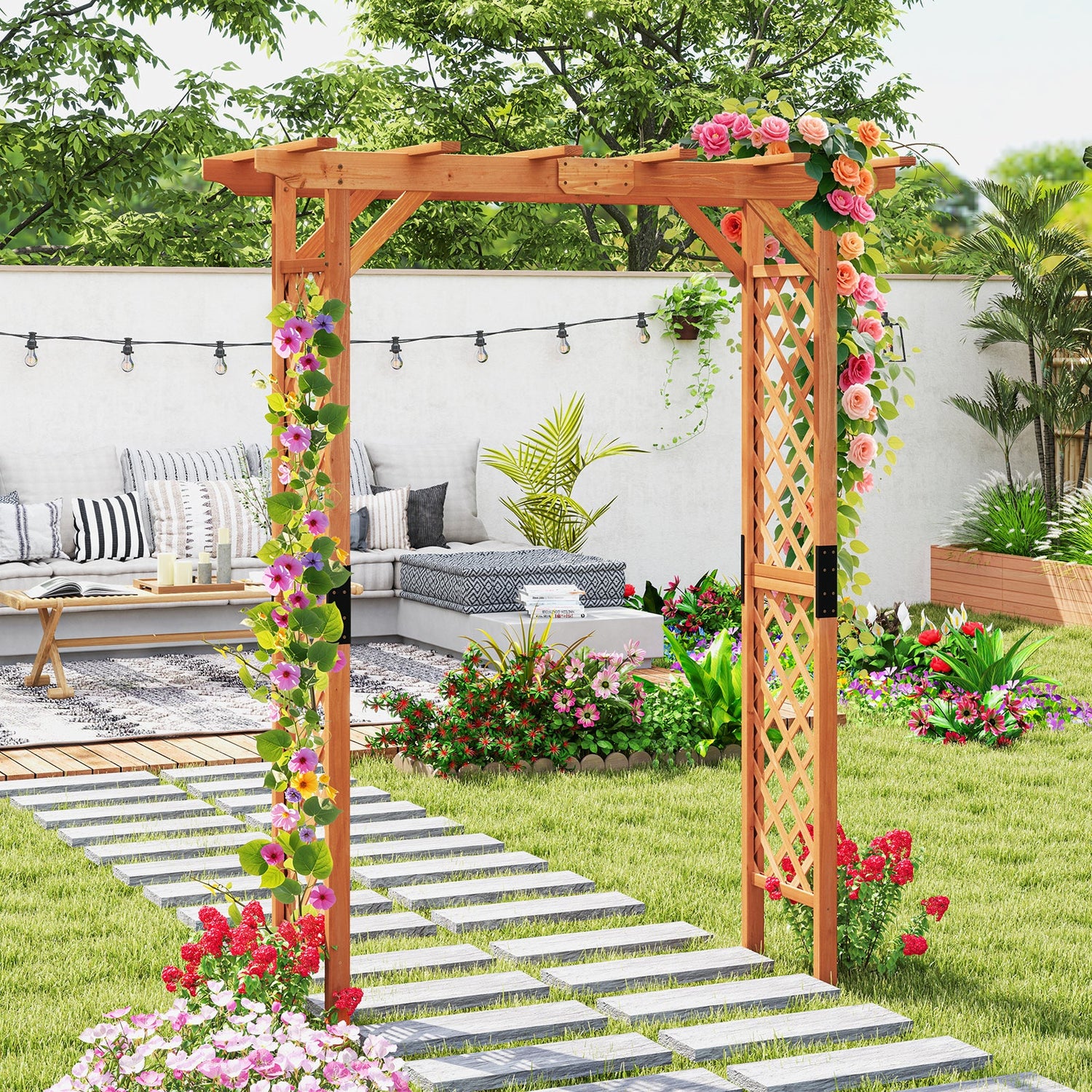 Pérgola de arco alto de madera para jardín de 7 pies para plantas