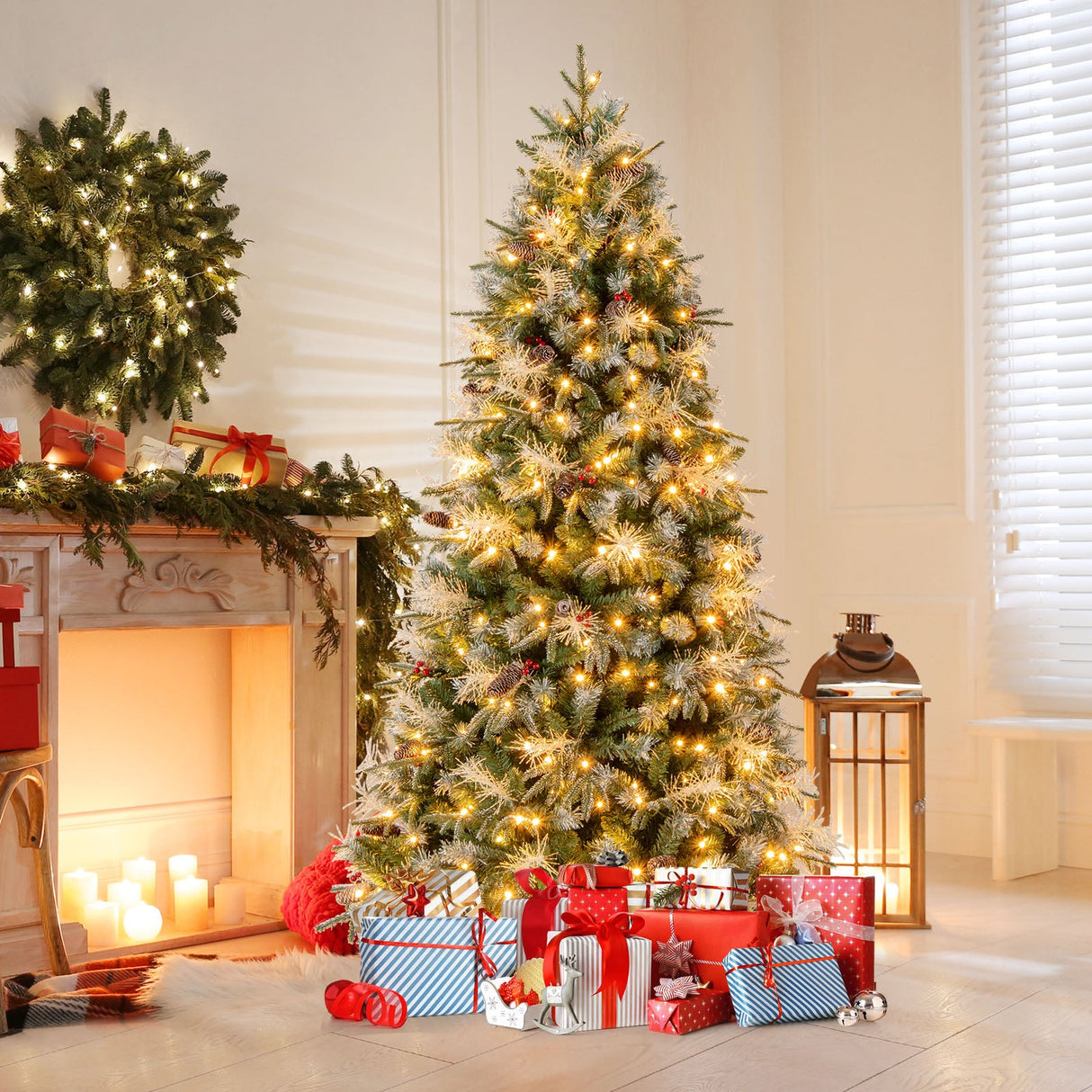 Árbol de Navidad Artificial Preiluminado de 5 pies con Luces LED de 8 Modos con Bayas