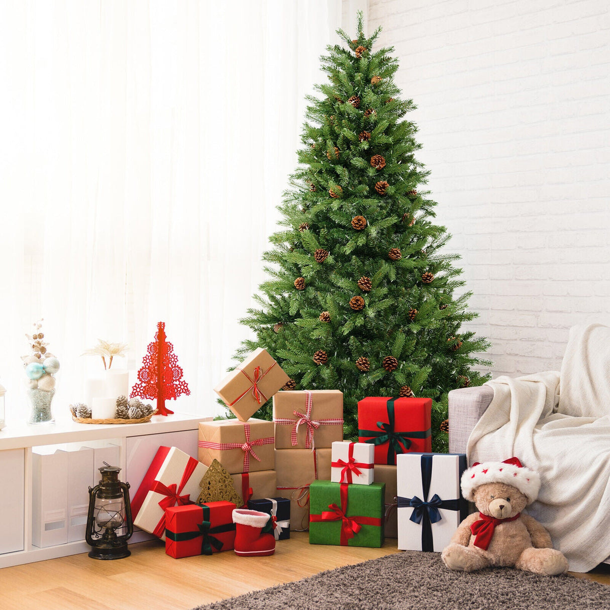 Árbol de Navidad Artificial de 1.83 m con Piñas y Brillo Ajustable