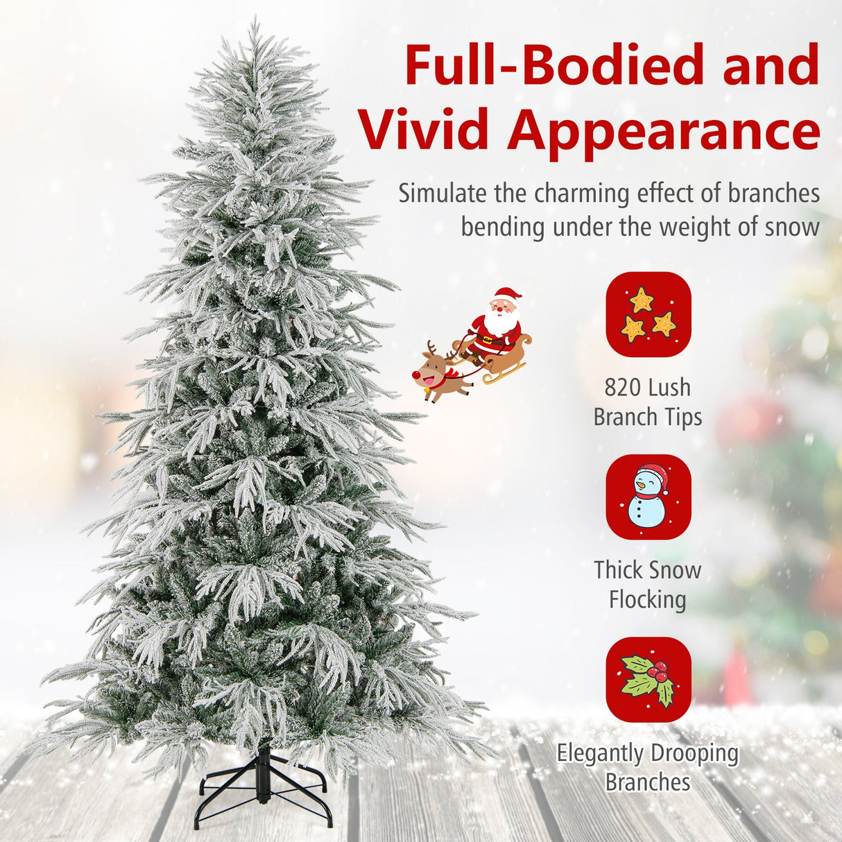 7 Feet Snow-flocked Artificial Christmas Tree Pre-lit Hinged Xmas Tree with Warm White LED Lights