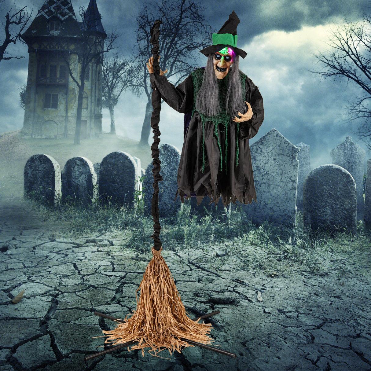 7 Feet Witch on Broom Halloween Animatronic with LED Lights