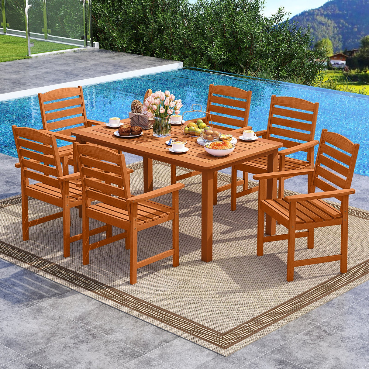 Juego de comedor para exteriores de 7 piezas de madera de teca con acabado al aceite, mesa de comedor rectangular con listones y 6 sillones
