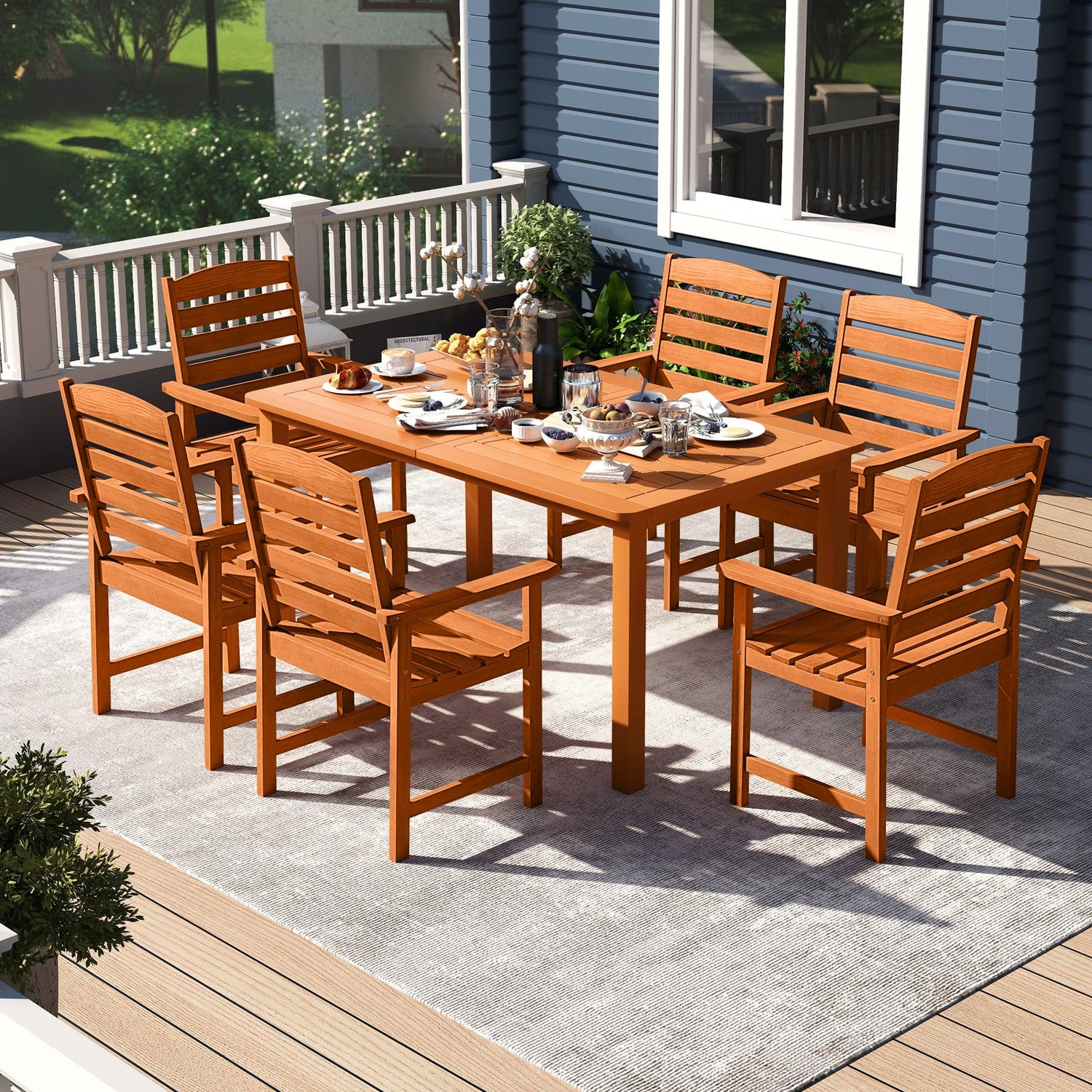 Juego de comedor para exteriores de 7 piezas de madera de teca con acabado al aceite, mesa de comedor rectangular con listones y 6 sillones