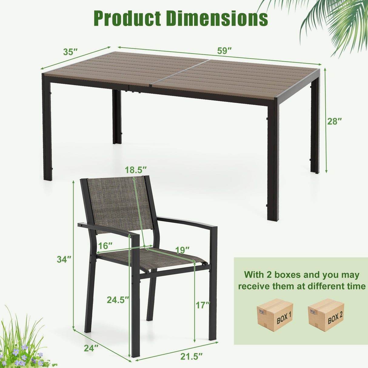 7 Piece Outdoor Dining Set with 6 Stackable Chairs and Large Rectangle Table-Gray