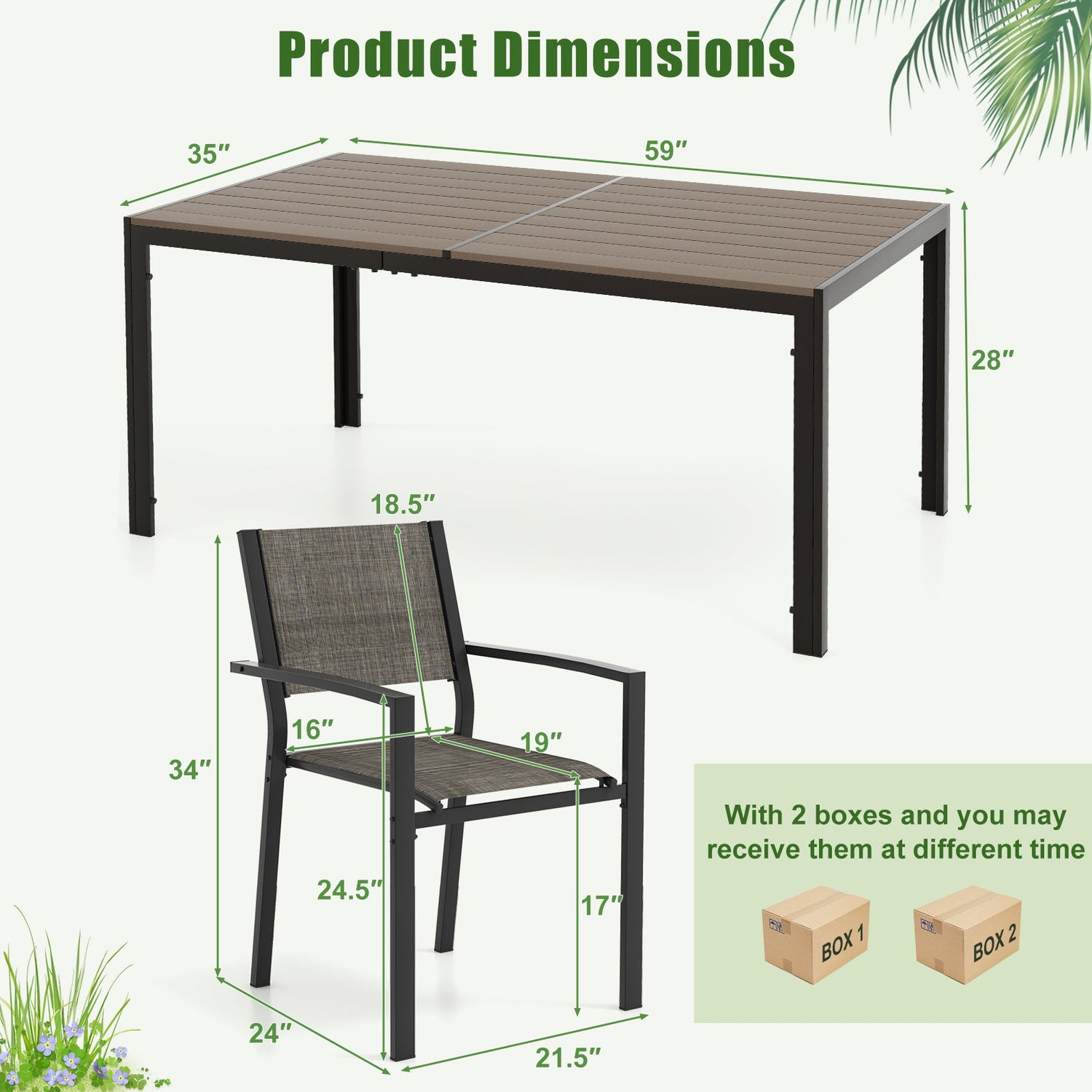 7 Piece Outdoor Dining Set with 6 Stackable Chairs and Large Rectangle Table-Gray