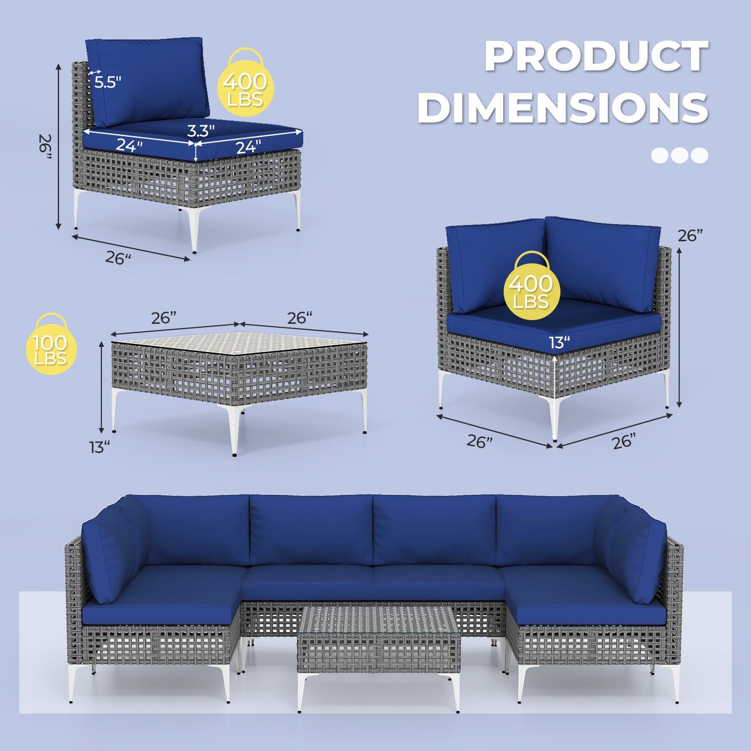 Juego de muebles de exterior de 7 piezas, sillas de mimbre con mesa de centro de vidrio templado-Azul marino