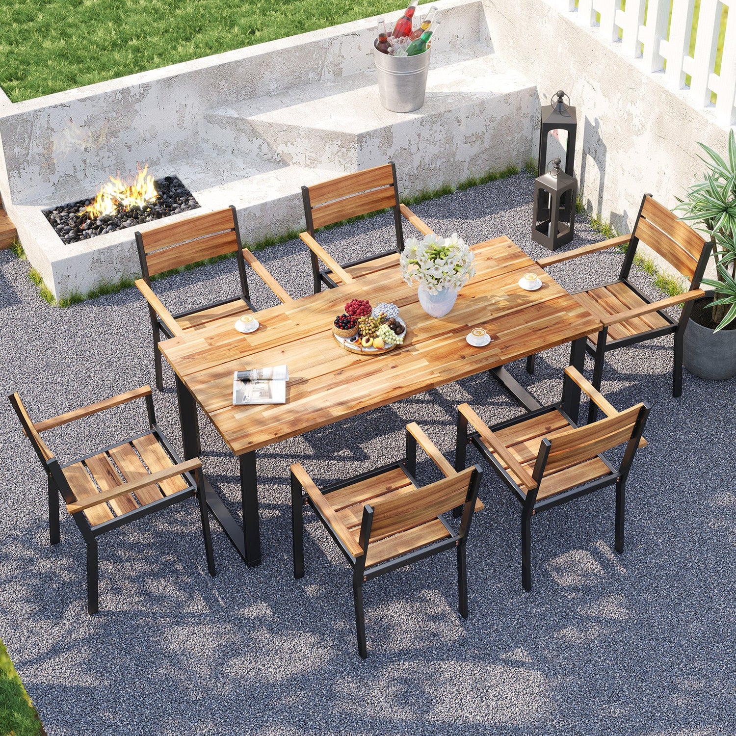 Juego de comedor para patio de 7 piezas de madera de acacia con estructura de metal y agujero para sombrilla de 2 pulgadas