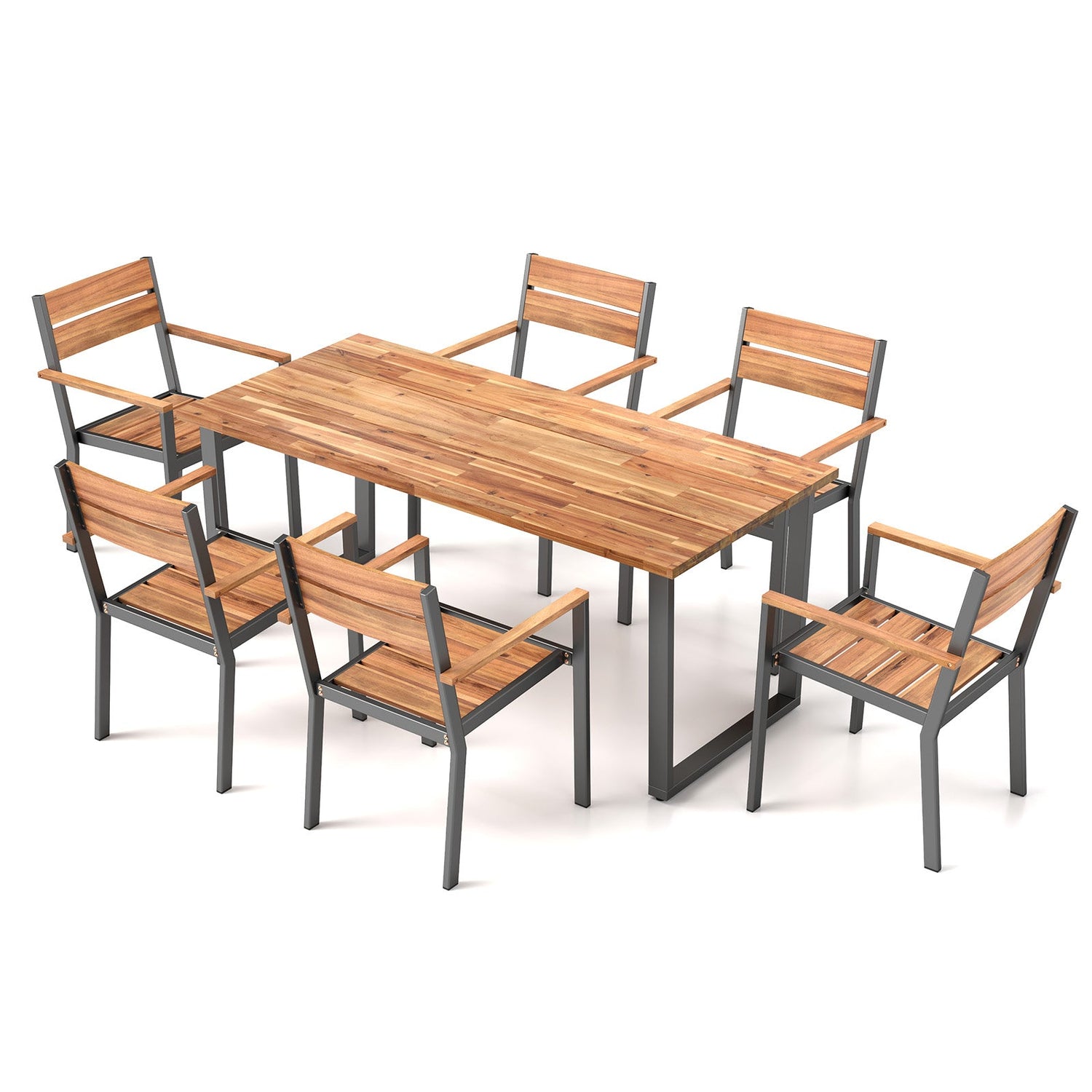 Juego de comedor para patio de 7 piezas de madera de acacia con estructura de metal y agujero para sombrilla de 2 pulgadas