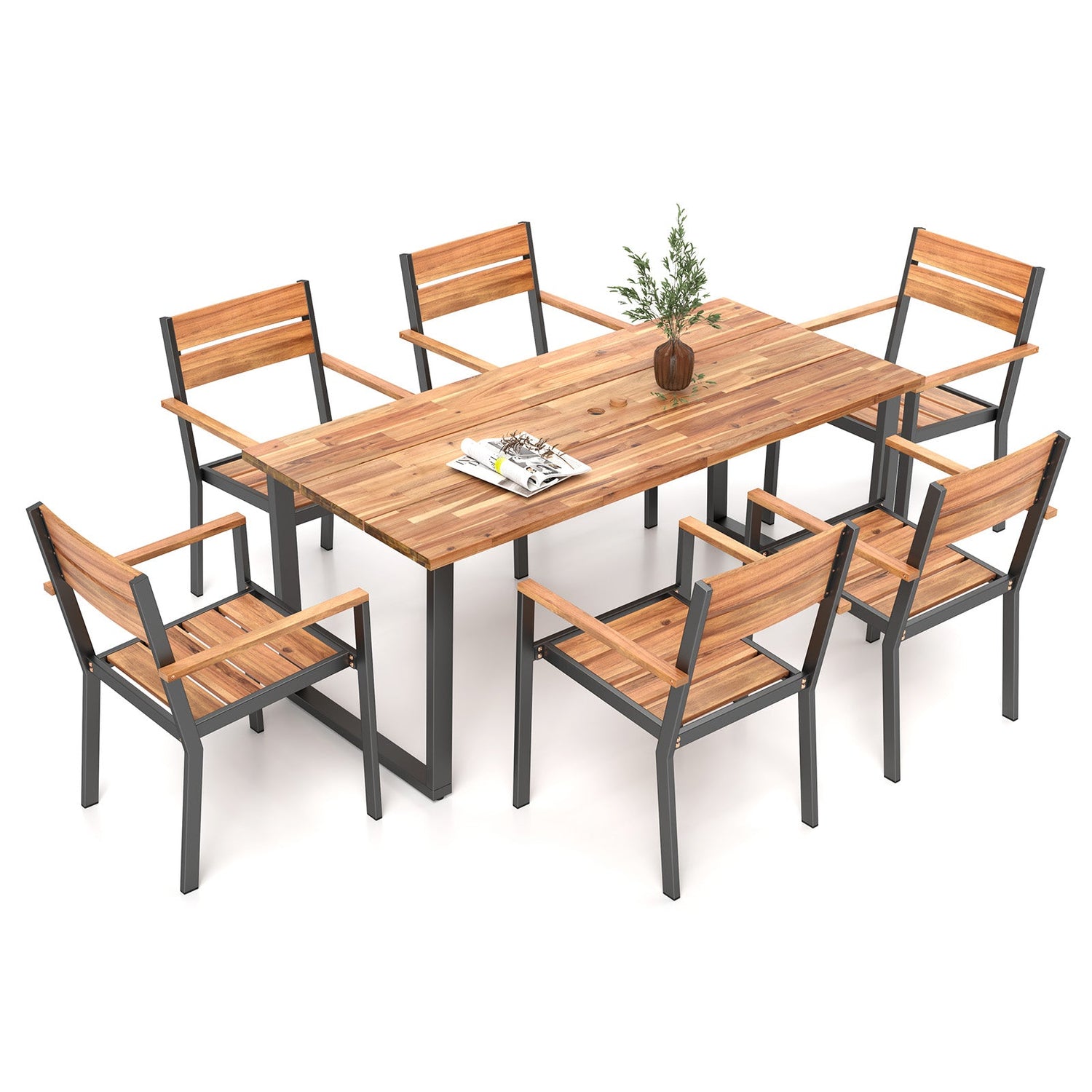 Juego de comedor para patio de 7 piezas de madera de acacia con estructura de metal y agujero para sombrilla de 2 pulgadas