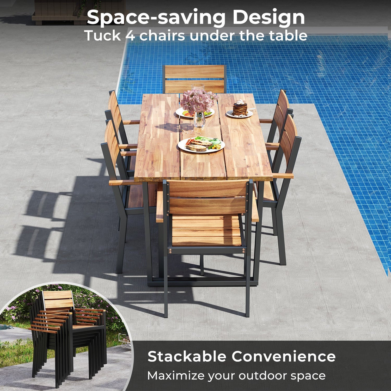 Juego de comedor para patio de 7 piezas de madera de acacia con estructura de metal y agujero para sombrilla de 2 pulgadas