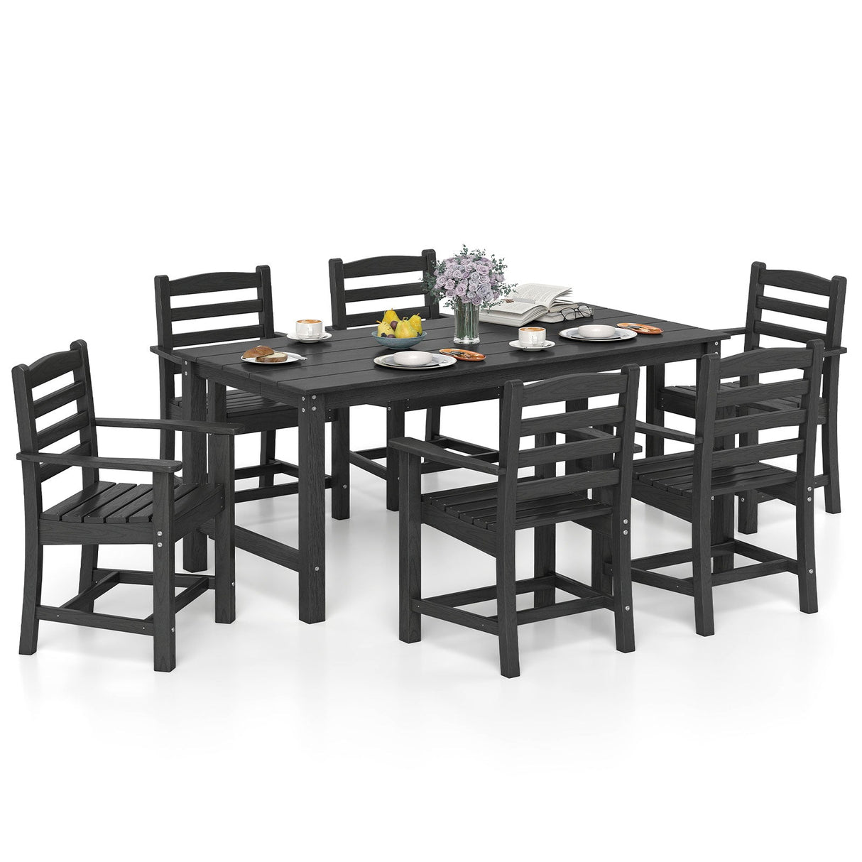 Juego de comedor de exterior de 7 piezas para 6 personas, mesa rectangular de HDPE de 67 pulgadas para patio y 6 sillones