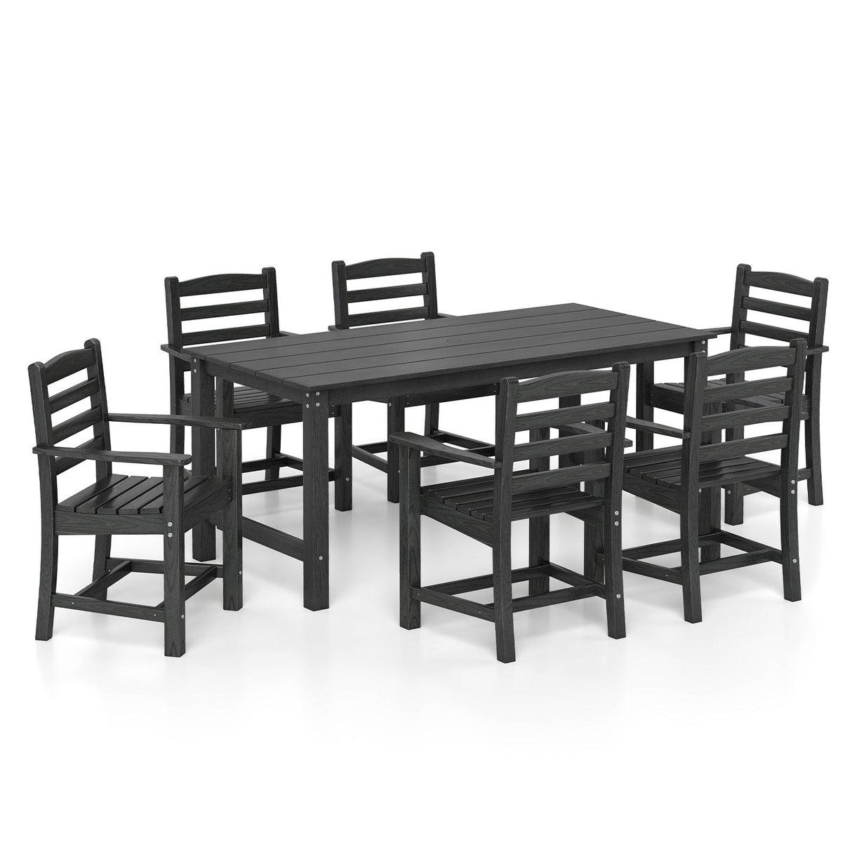 Juego de comedor de exterior de 7 piezas para 6 personas, mesa rectangular de HDPE de 67 pulgadas para patio y 6 sillones