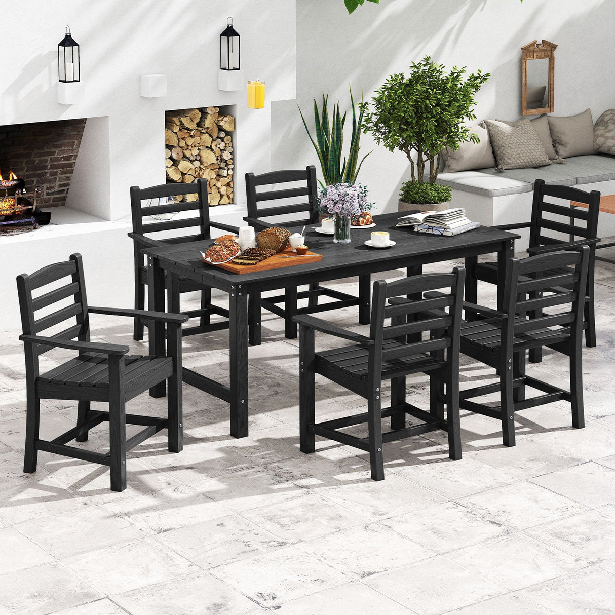 Juego de comedor de exterior de 7 piezas para 6 personas, mesa rectangular de HDPE de 67 pulgadas para patio y 6 sillones