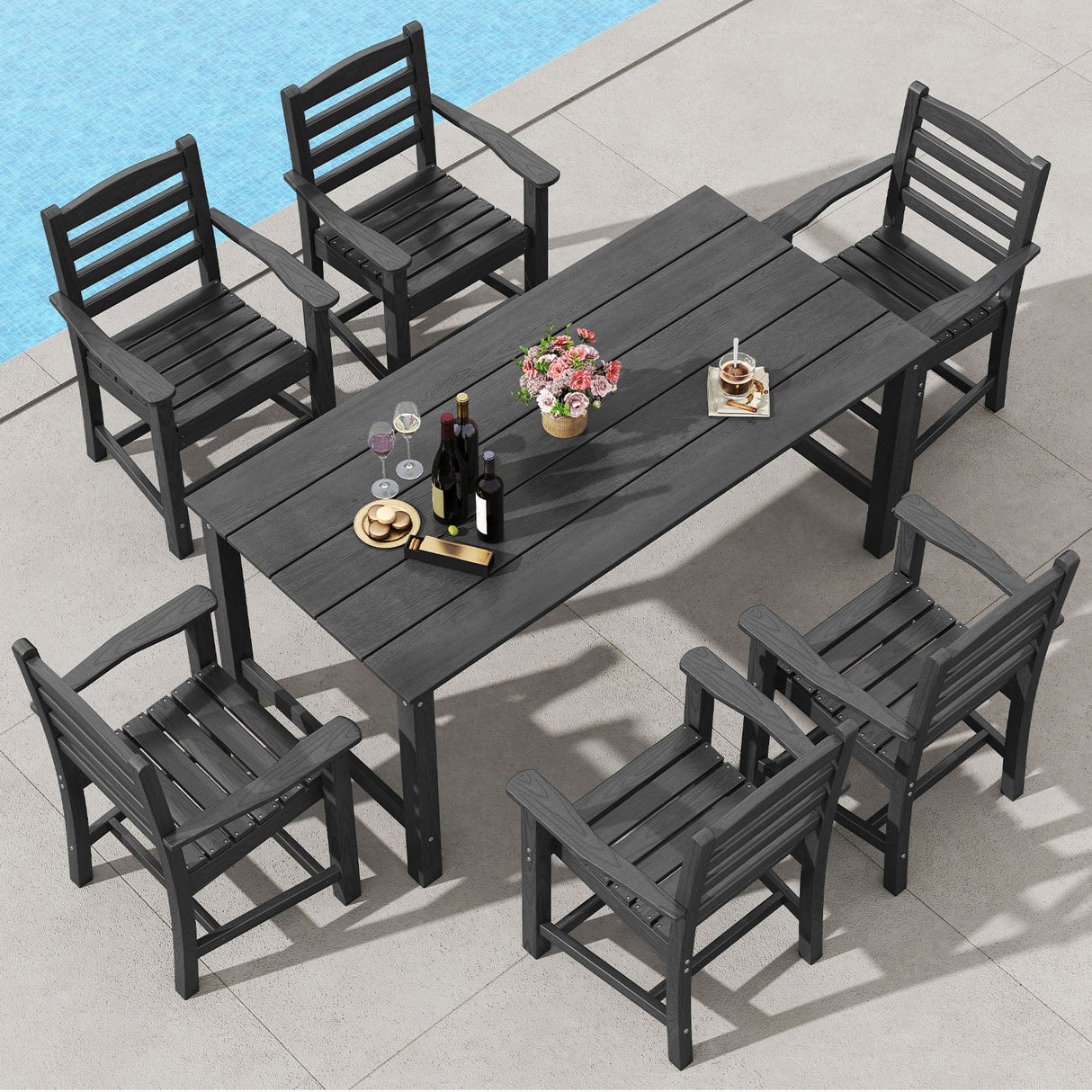 Juego de comedor de exterior de 7 piezas para 6 personas, mesa rectangular de HDPE de 67 pulgadas para patio y 6 sillones