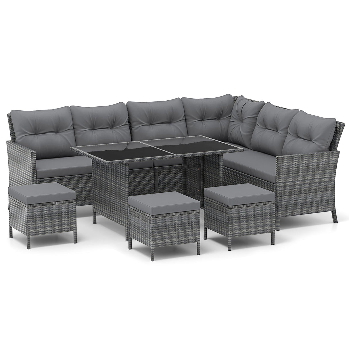 7 Pieces Patio Dining Furniture Set with Soft Cushions and Ottomans