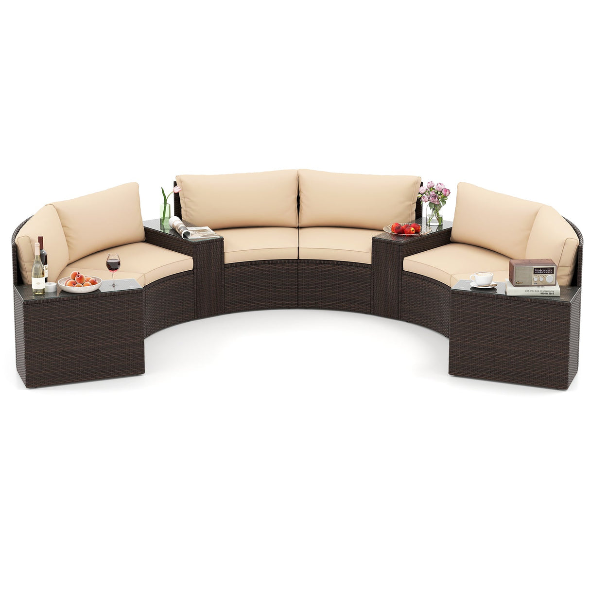 7 Pieces Patio Furniture Set PE Rattan Half-Moon Curved Sofas with Side Tables-Brown