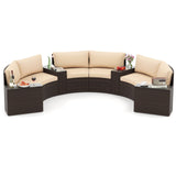 7 Pieces Patio Furniture Set PE Rattan Half-Moon Curved Sofas with Side Tables-Brown